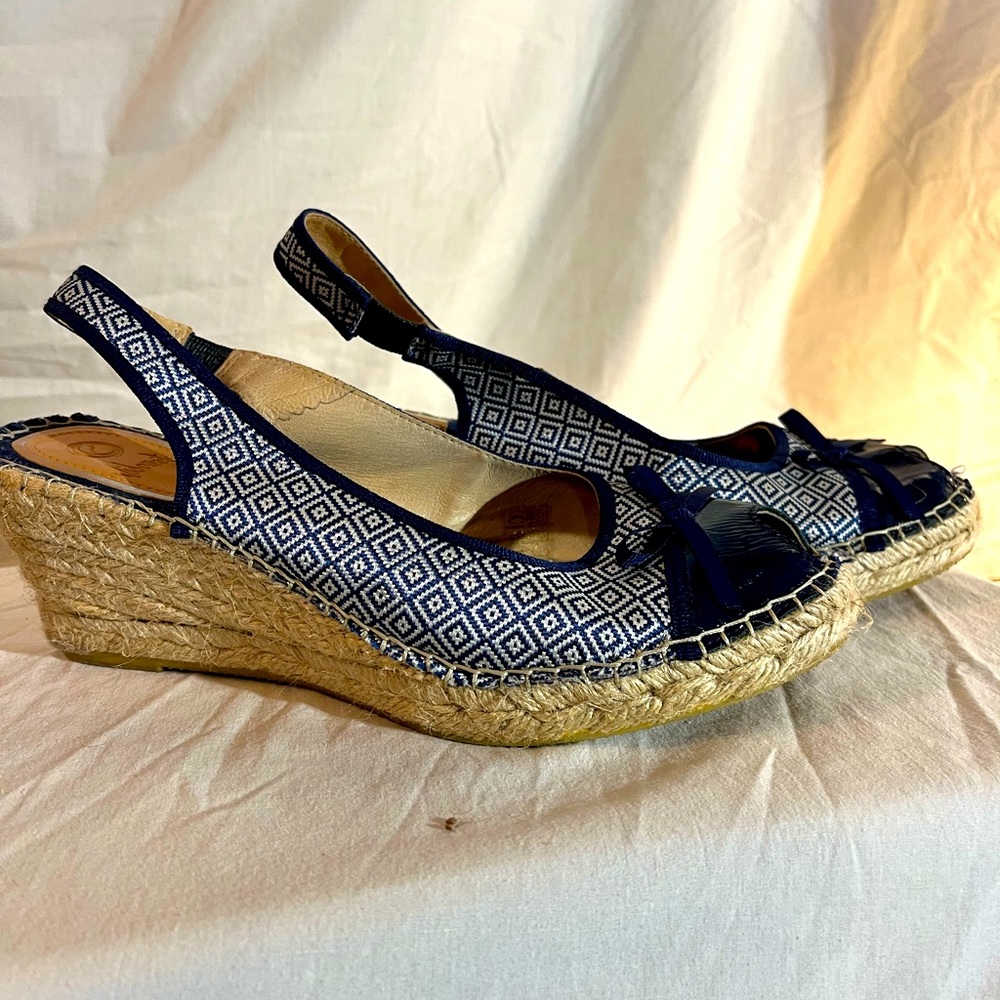 Woven Espadrille Wedge Slingback - Navy Diamond Pattern
